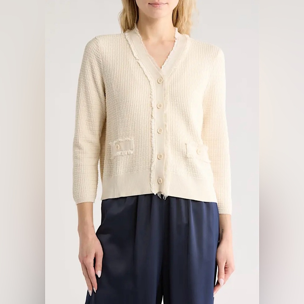 Adrianna Papell Frayed Waffle Knit Cardigan, Small, White